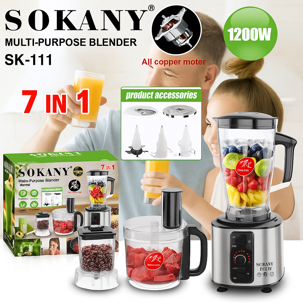 Licuadora Picadora Multiusos Sokany® 7 en 1 – 15 Velocidades y Máxima Potencia