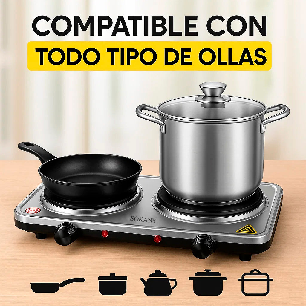 Estufa Eléctrica Portátil de 2 Puestos 2000W con Sartén Antiadherente 4 en 1 Gratis