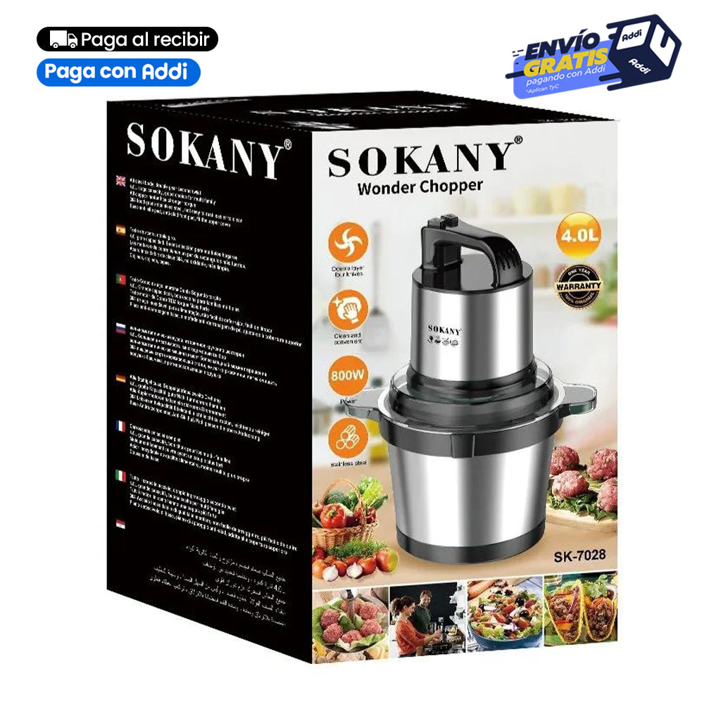 Picadora Eléctrica SOKANY® de 0.7 L - 2 L y 4L de Capacidad Con Potencia de 250W - 400 W y 800 W