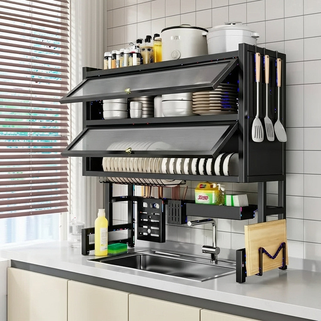 🌟 Platero Organizador 5 en 1 con Tapa – 2 Niveles en Acero Inoxidable Color Negro | Sokany®