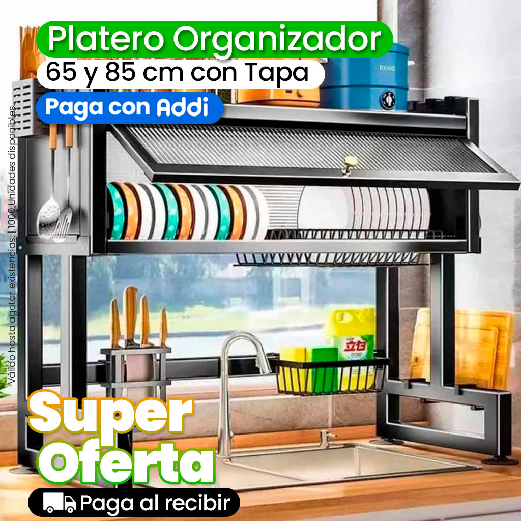 Organizador Escurridor de Platos con Tapa de 65 cm y 85 cm Acero Inoxidable Negro
