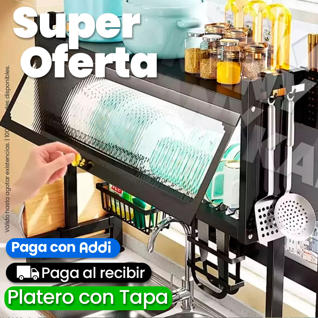 Organizador Escurridor de Platos con Tapa de 65 cm y 85 cm Acero Inoxidable Negro
