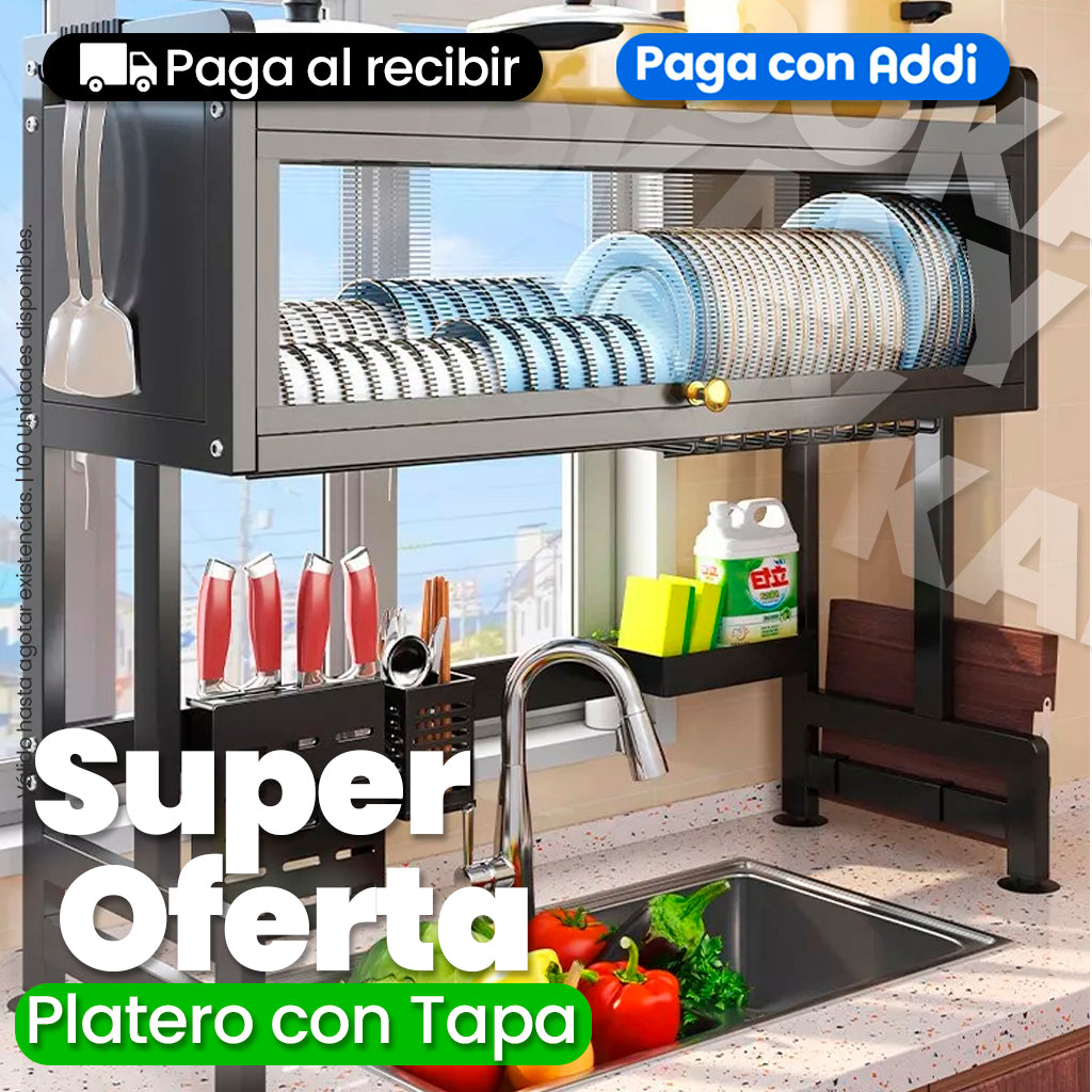 Organizador Escurridor de Platos con Tapa de 65 cm y 85 cm Acero Inoxidable Negro