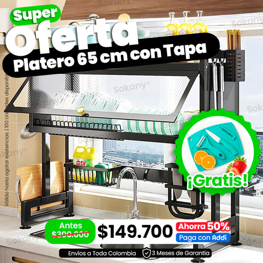 Organizador Escurridor de Platos con Tapa de 65 cm y 85 cm Acero Inoxidable Negro