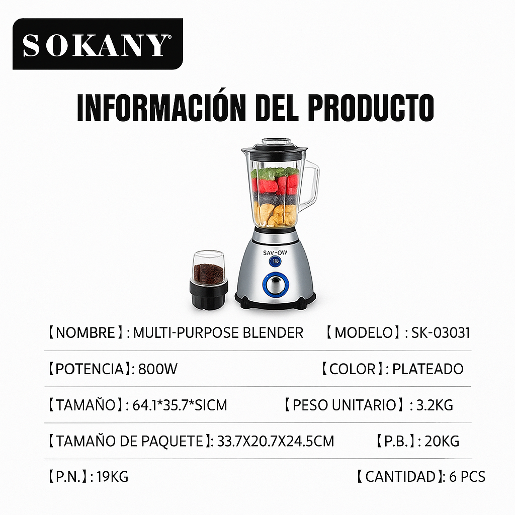 Licuadora Sokany® 5 Velocidades 1.5 Litros de 800W de Potencia + Vaso Triturador