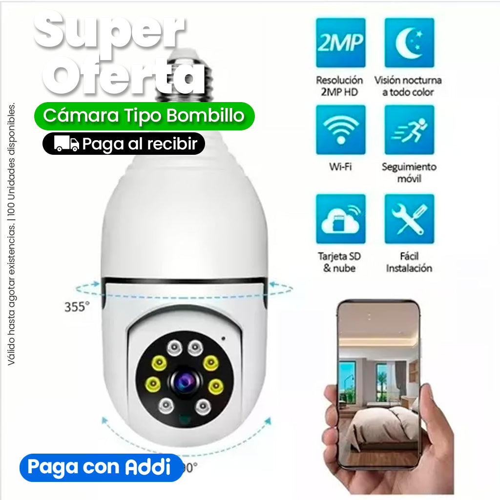 Cámara Bombillo 360° con Wifi y Detección de Movimiento