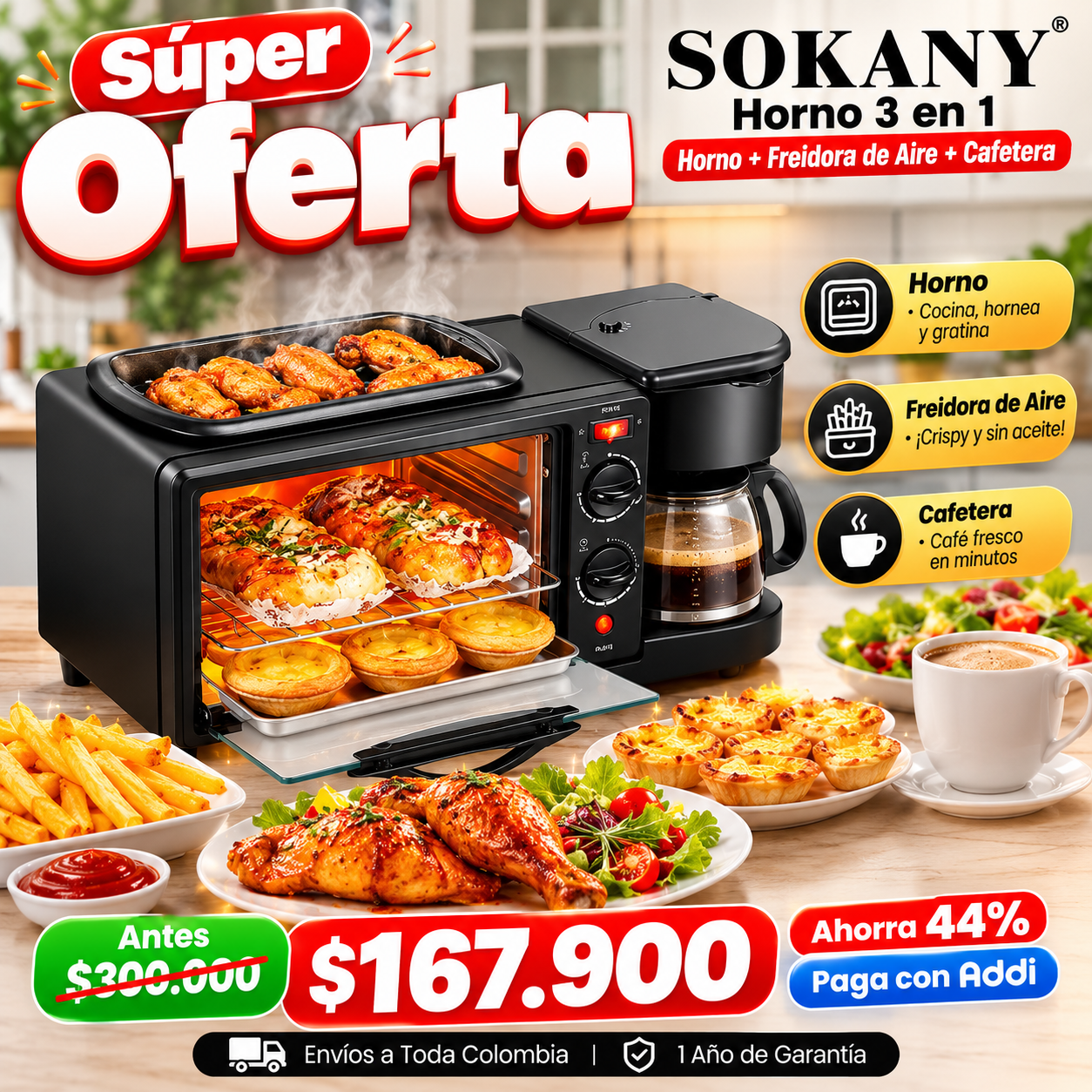 Horno 3 en 1 multifuncional Sokany - Horno Parrilla y Cafetera