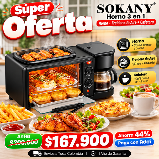 Horno 3 en 1 multifuncional Sokany - Horno Parrilla y Cafetera