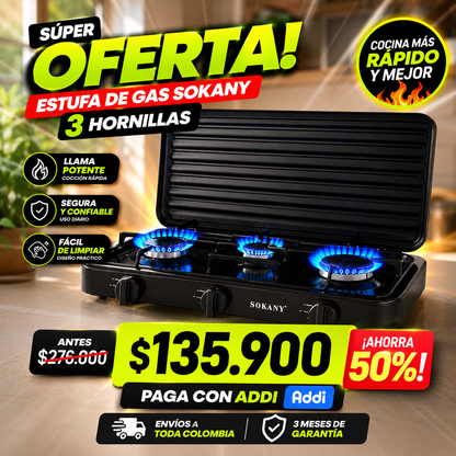 ESTUFA DE GAS 3 PUESTOS SOKANY