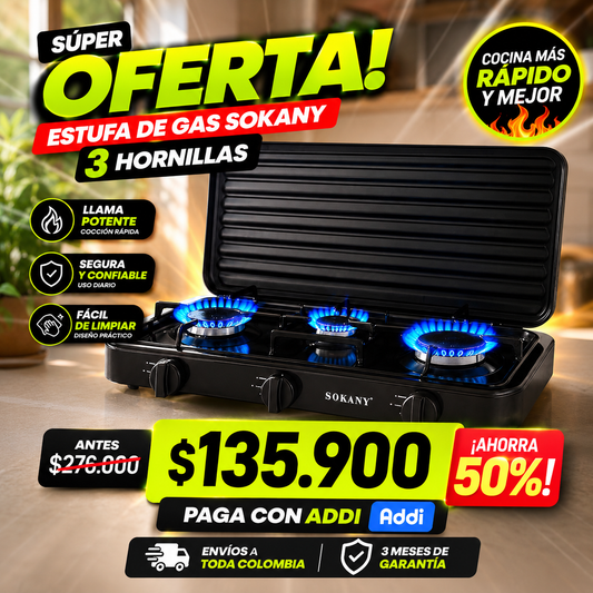 ESTUFA DE GAS 3 PUESTOS SOKANY