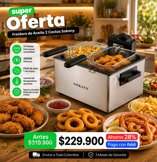 Freidora de Aceite Eléctrica 5 Litros 1200W Acero Inoxidable Sokany
