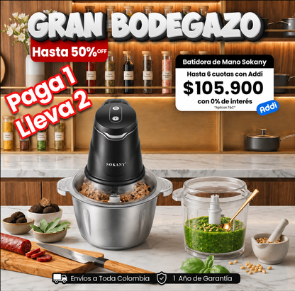 Picador Sokany 2.0 Litros Motor de 400W de Potencia + Picador 0.7 Litros Gratis por tu compra