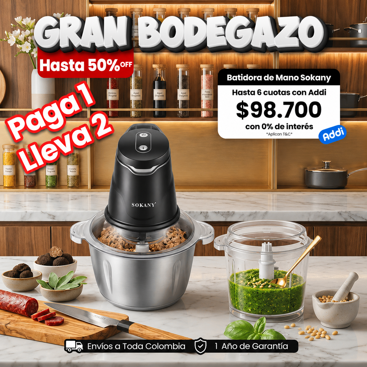 Picador Sokany 2.0 Litros Motor de 400W de Potencia + Picador 0.7 Litros Gratis por tu compra