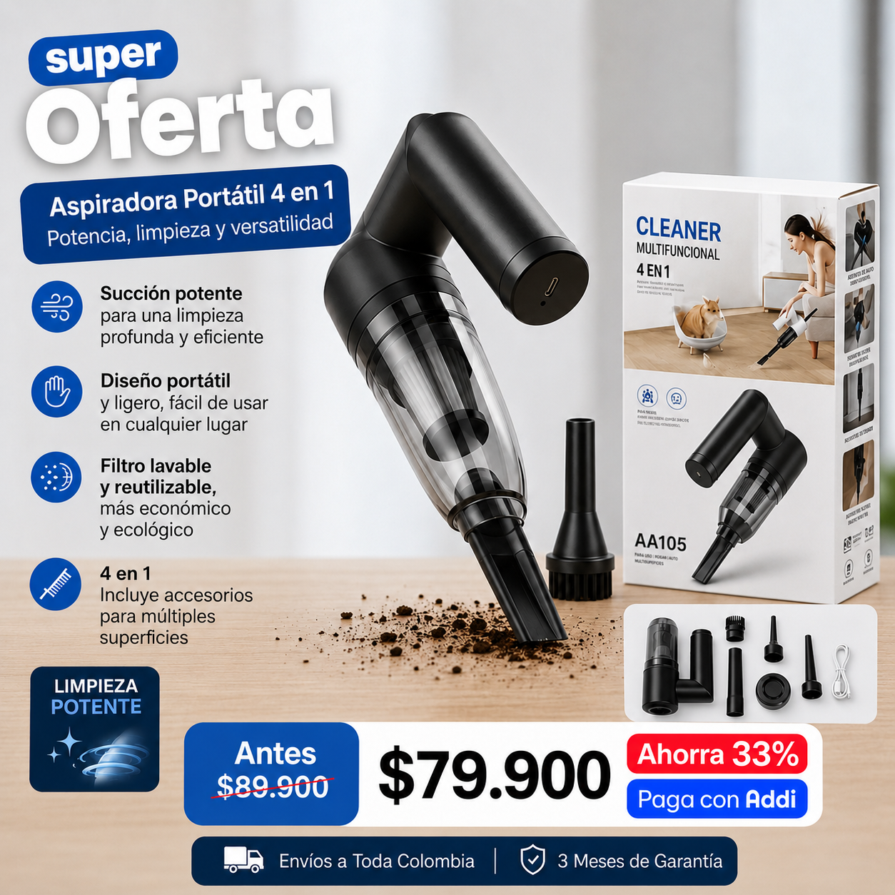 Aspiradora portátil 4 en 1 multifuncional