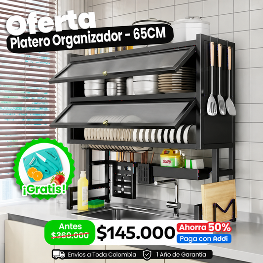 🌟 Platero Organizador 5 en 1 con Tapa – 2 Niveles en Acero Inoxidable Color Negro | Sokany®