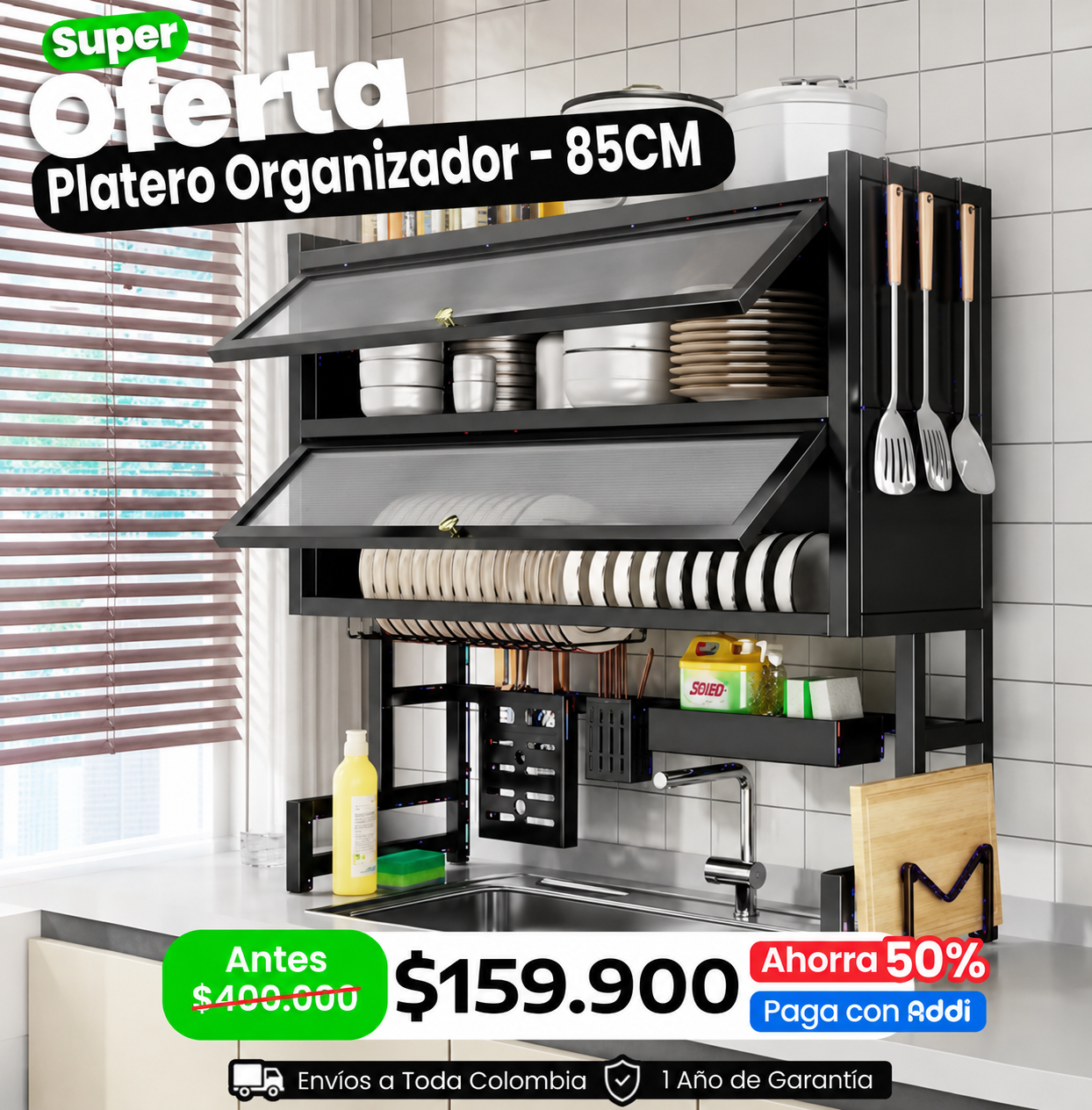 🌟 Platero Organizador 5 en 1 con Tapa – 2 Niveles en Acero Inoxidable Color Negro | Sokany®