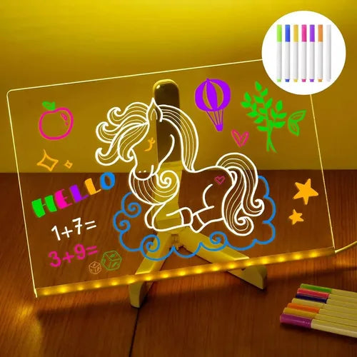 Pizarrón Mágico Infantil LED 30×20 cm | Pizarra Mágica Luminosa para Niños y Niñas | Tablero de Dibujo con Luz y Marcadores de Colores | Pizarrón para Niños