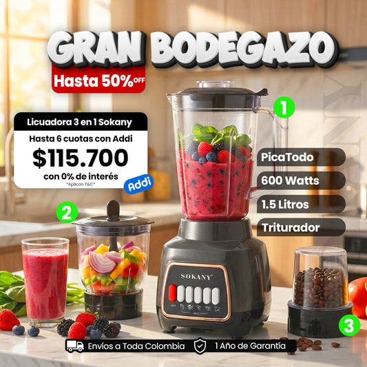 Licuadora Sokany 3 en 1 Vaso 1.5L + Picatodo + Triturador de Café o Frutos Secos