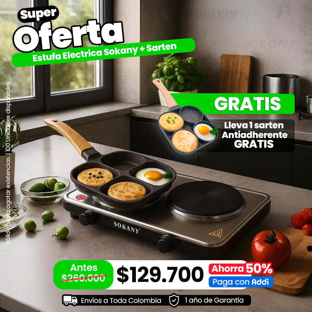 Estufa Eléctrica Portátil de 2 Puestos 2000W con Sartén Antiadherente 4 en 1 Gratis
