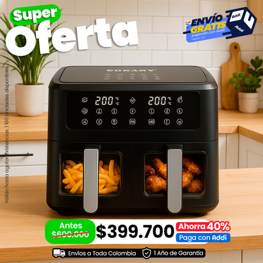 Sokany® Freidora de Aire Dual, con Recubrimiento Antiadherente, 2 Canastas, Capacidad 11 Lt, Negro