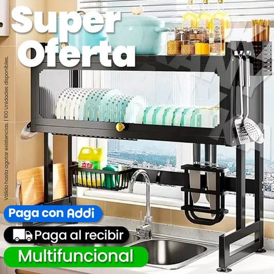 Organizador Escurridor de Platos con Tapa de 65 cm y 85 cm Acero Inoxidable Negro