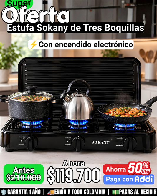 Estufa de Gas Sokany de 3 Boquillas