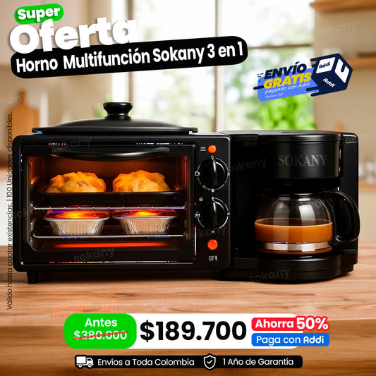 Horno 3 en 1 multifuncional Sokany - Horno Parrilla y Cafetera