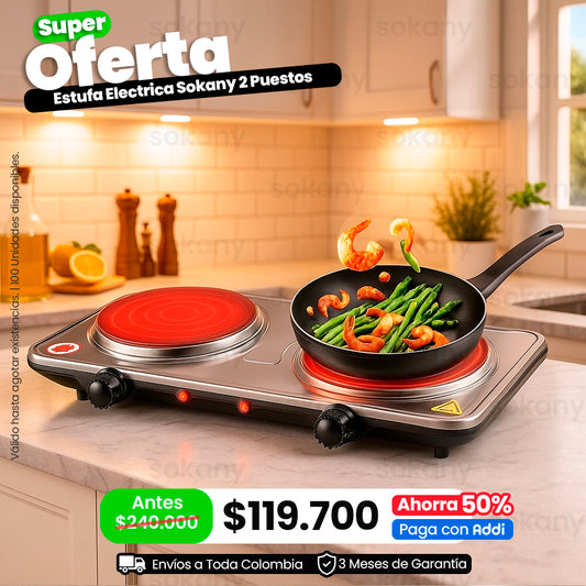 Estufa Eléctrica De 2 Puestos 2000w Sokany