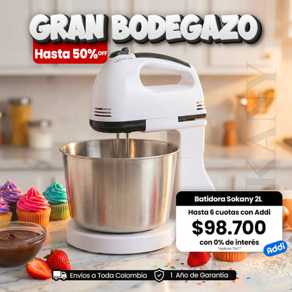 Batidora de Pie Sokany CX-6620 250W 7 Velocidades 2qt Acero Blanco