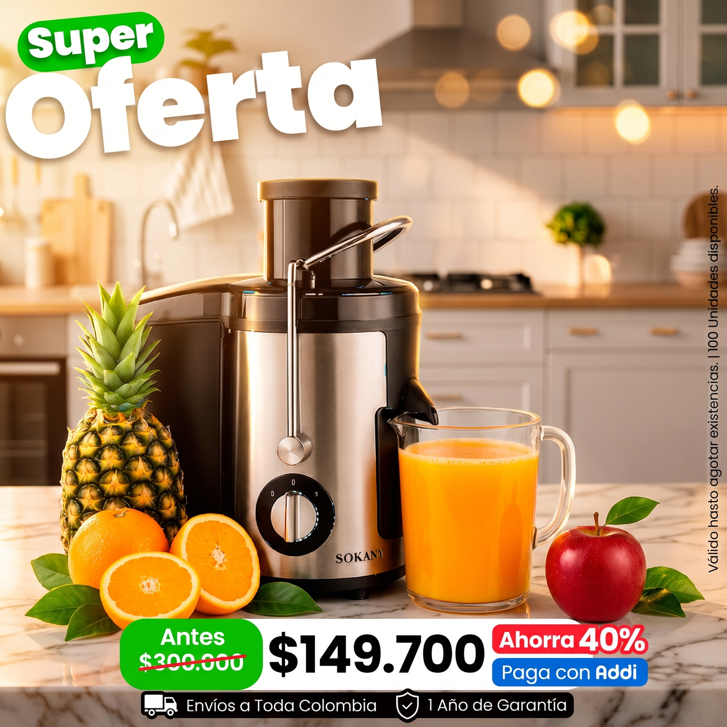 🍊 Extractor de Jugo Sokany con Separador de Pulpa – Eléctrico, 1.6 Litros, 800W