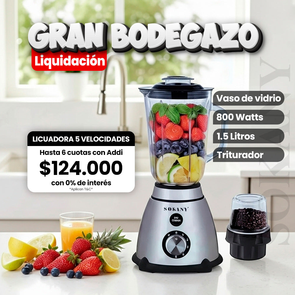 Licuadora Eléctrica 1.5 Litros 800W Vaso de Vidrio + Triturador Sokany