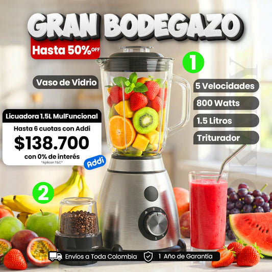 Licuadora Eléctrica Multipropósito 1.5 Litros 800W Vaso de Vidrio + Triturador Sokany