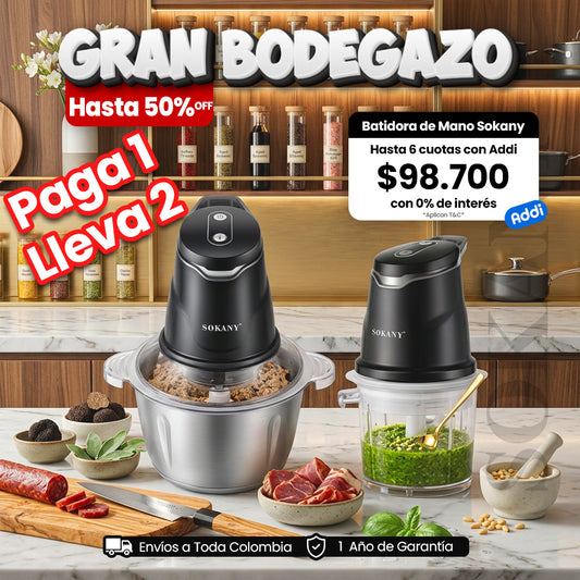 Picador Sokany 2.0 Litros Motor de 400W de Potencia + Picador 0.7 Litros Gratis por tu compra