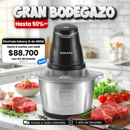 Picadora Eléctrica SOKANY® de 0.7 L - 2 L y 4L de Capacidad Con Potencia de  250W - 400 W y 800 W